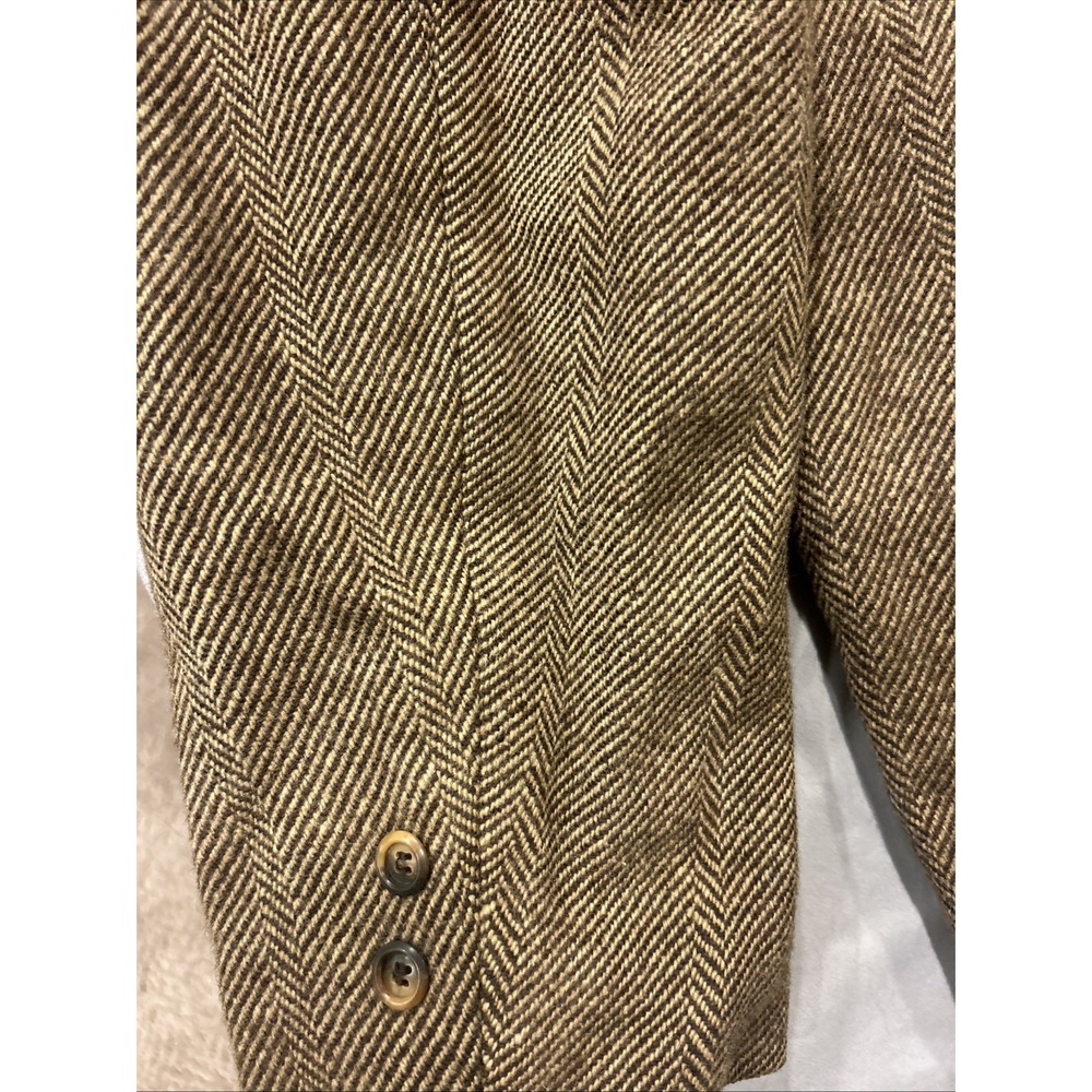 Vtg Sears Herringbone Wool Blend Coat Mens Large Faux Fur Collar Lined 60s 70s - Picture 9 of 16
